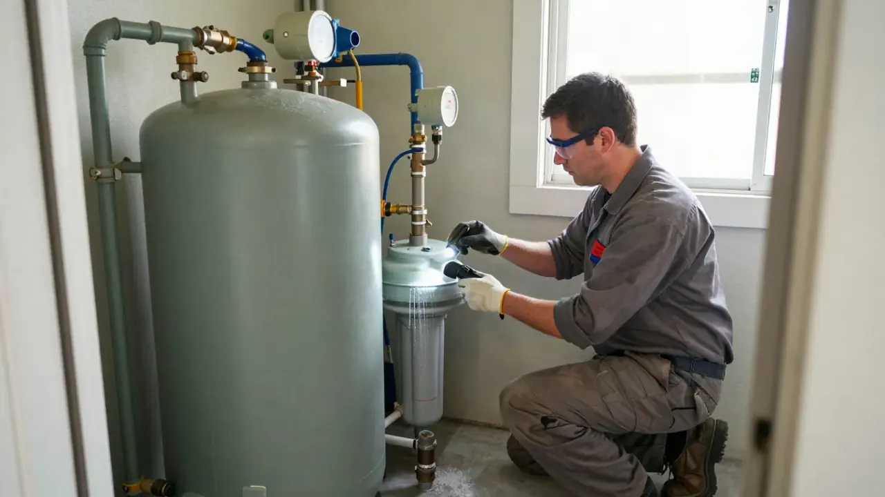 Water Softener Maintenance in Diamond Bar, California: water treatment technician checking the salt level in a brine tank
