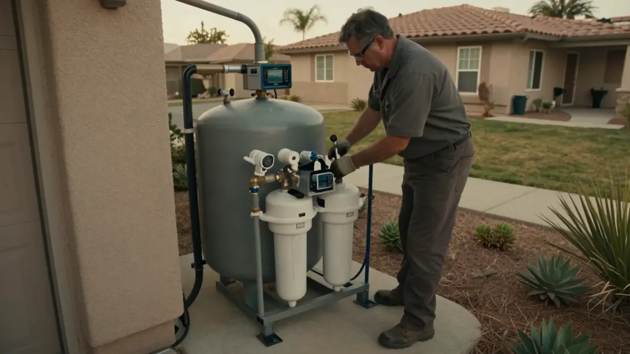 Water Softener Removal and Replacement in Diamond Bar, California: water treatment technician making the final plumbing