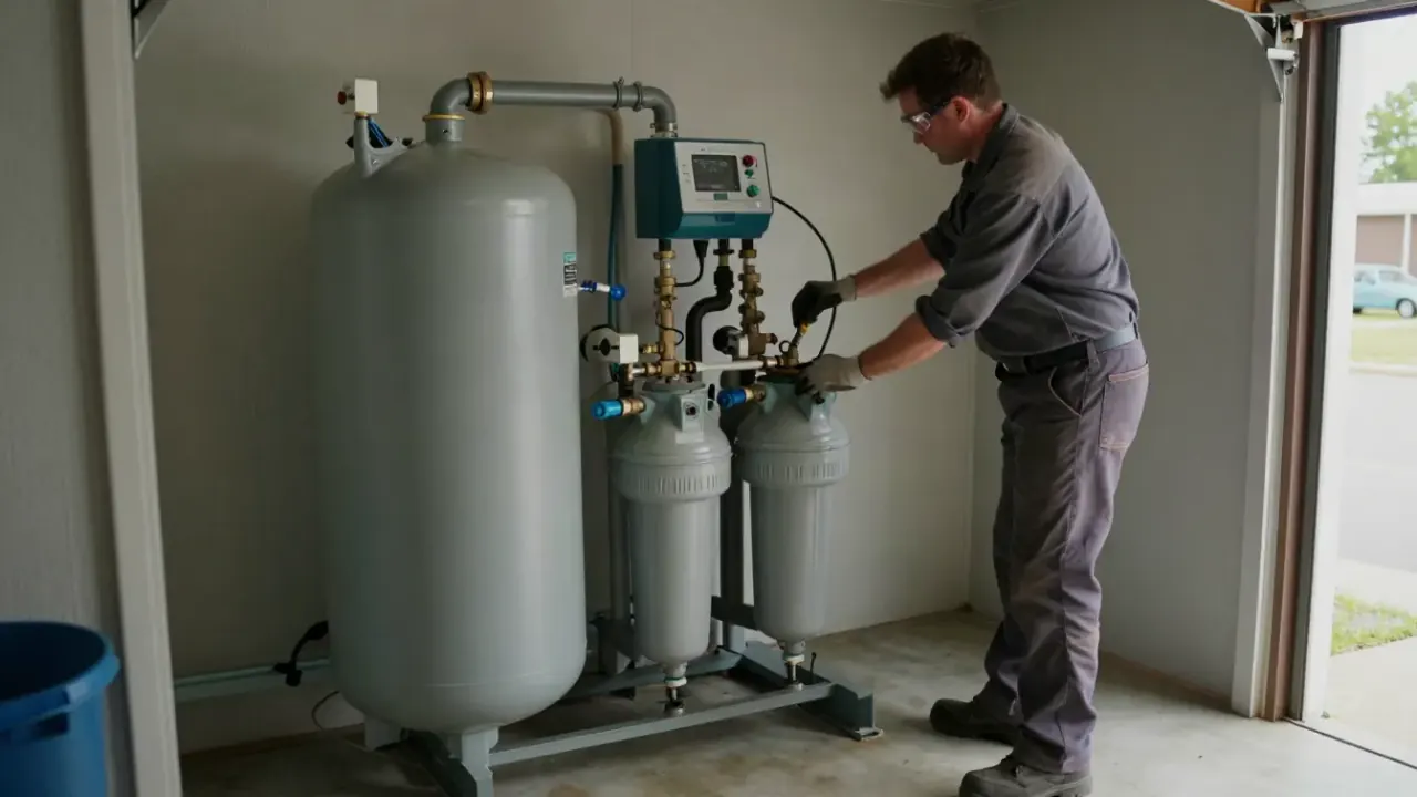 Water Softener Installation in Diamond Bar, California: water treatment technician carefully positioning a new brine tank
