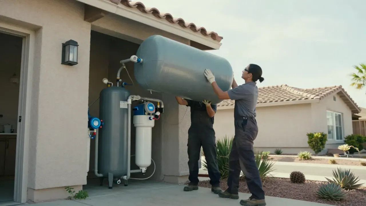 Water Softener in Diamond Bar, California: Two water treatment technicians collaborating to lift a heavy resin tank into