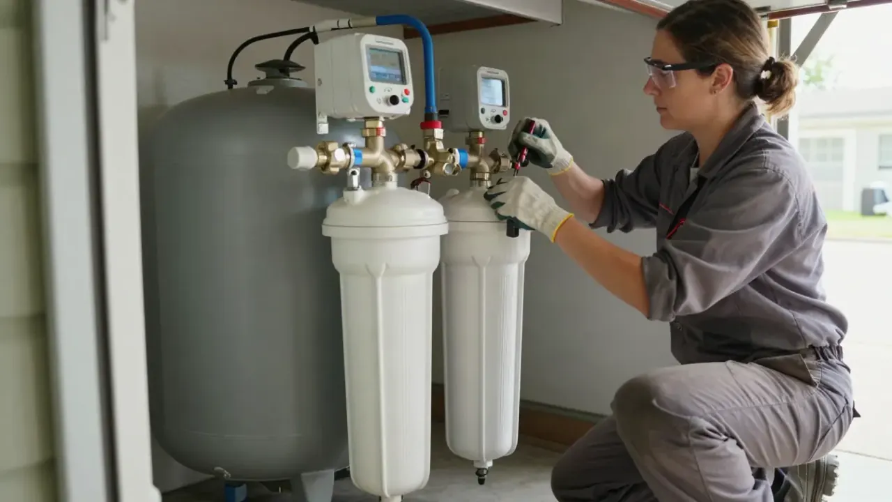 Whole-House Water Filtration in Diamond Bar, California: water treatment technician installing a large whole-house sediment