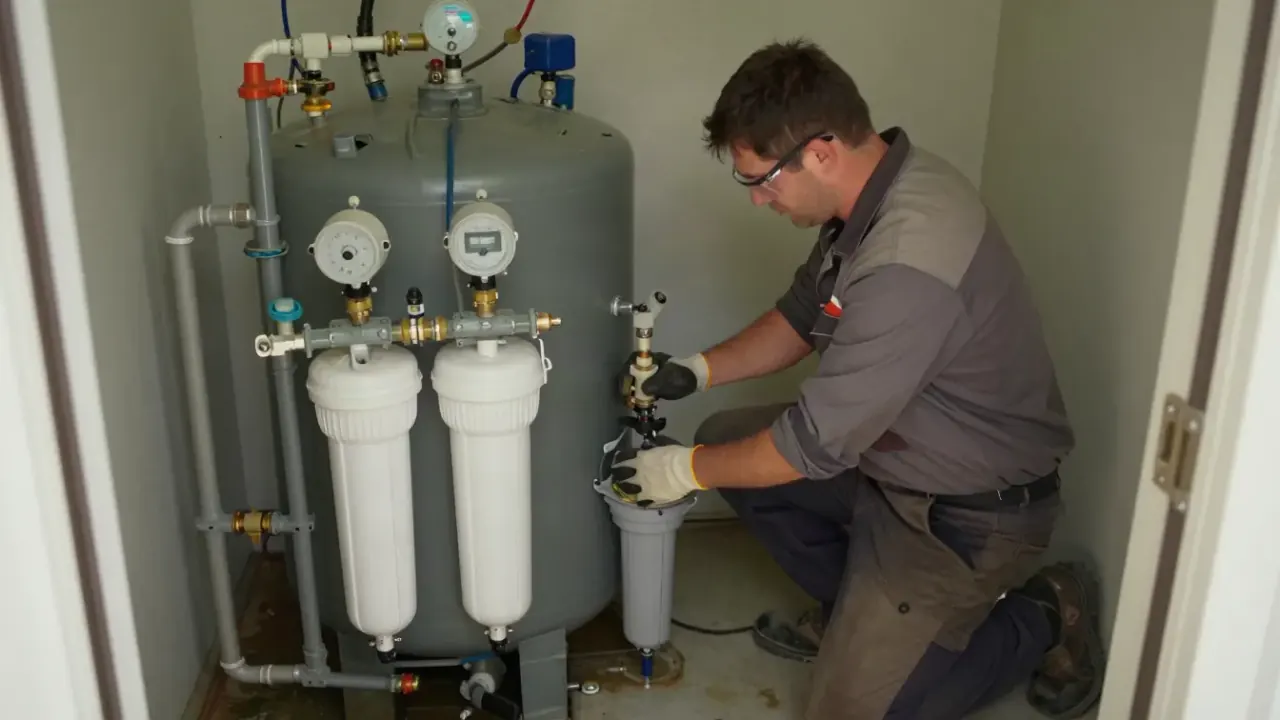 Brine Tank Cleaning in Diamond Bar, California: water treatment technician cleaning the brine well and float assembly inside