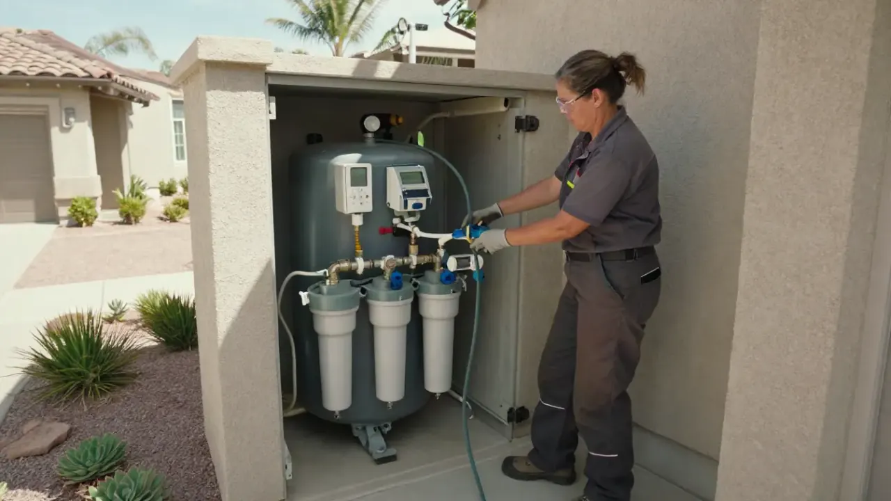 Salt-Free Water Conditioners in Diamond Bar, California: water treatment technician connecting PEX tubing to a newly