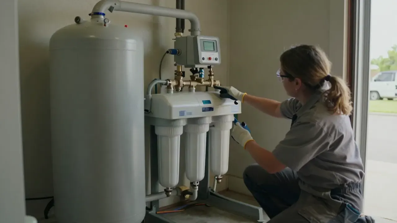 Water Softener in Diamond Bar, California: water treatment technician interacting with a customer while pointing to a newly