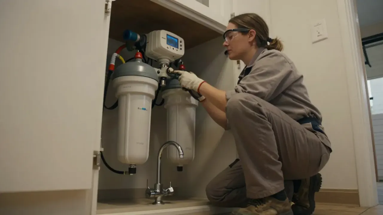 Reverse Osmosis Systems in Diamond Bar, California: water treatment technician installing a dedicated faucet for a reverse